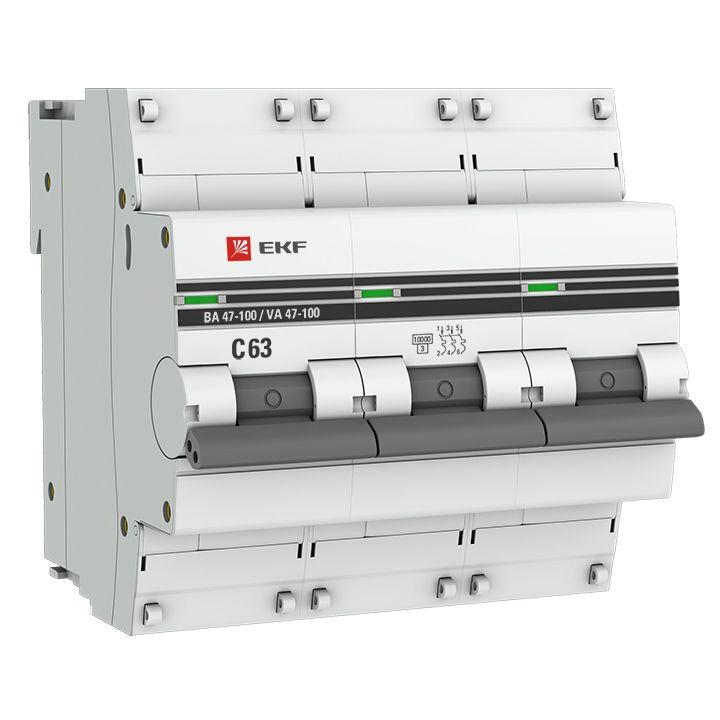 Выключатель автоматический модульный 3п C 63А 10кА ВА 47-100 PROxima EKF mcb47100-3-63C-pro