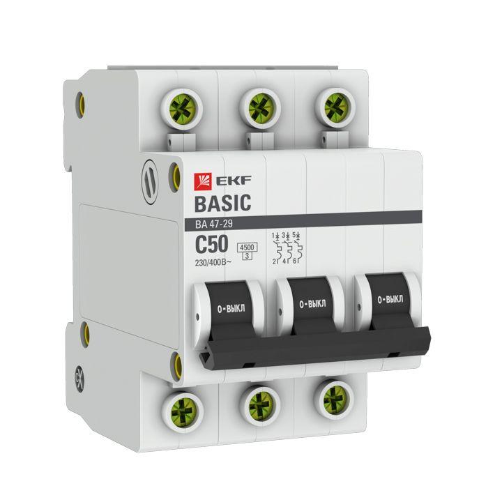 Выключатель автоматический модульный 3п C 50А 4.5кА ВА 47-29 Basic EKF mcb4729-3-50C