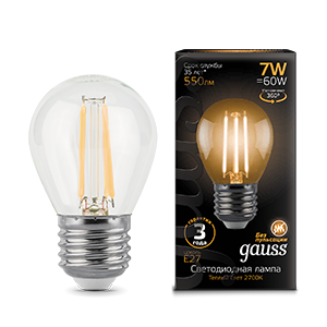 Лампа светодиодная филаментная Filament 7Вт шар 2700К тепл. бел. E27 550лм GAUSS 105802107