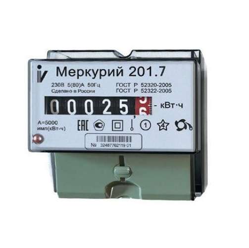 Счетчик "Меркурий" 201.7 1ф 5-60А 1 класс точн. 1 тариф. мех. табло на DIN-рейку Инкотекс 00000032680