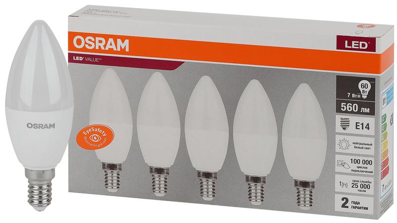 Лампа светодиодная LED Value LVCLB60 7SW/840 7Вт свеча матовая E14 230В 2х5 RU (уп.5шт) OSRAM 4058075577954