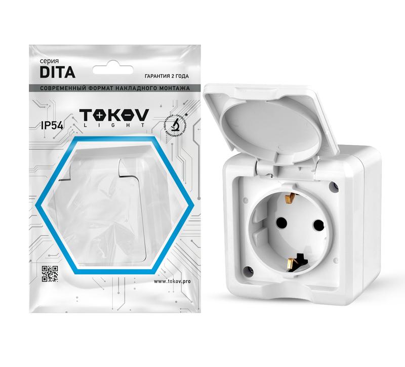 Розетка 1-м ОП Dita 16А IP54 250В с заземл. с крышкой бел. TOKOV LIGHT TKL-DT-R1Z-C01-IP54