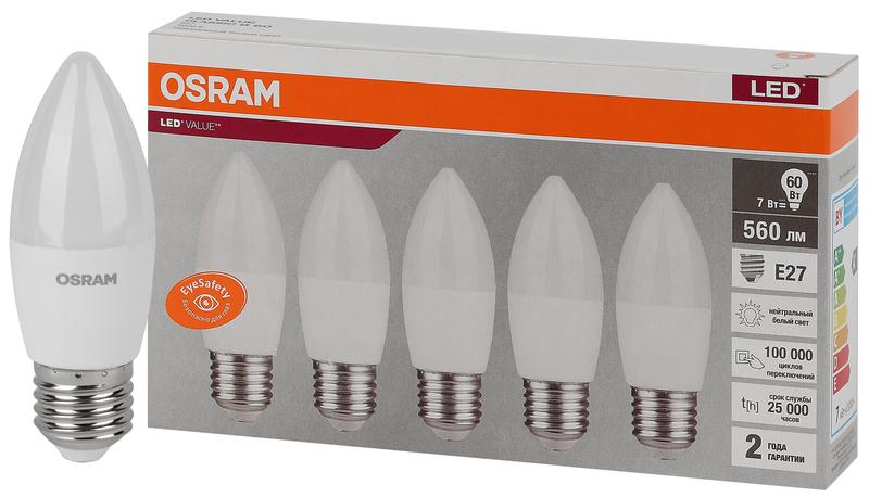 Лампа светодиодная LED Value LVCLB60 7SW/840 7Вт свеча матовая E27 230В 2х5 RU (уп.5шт) OSRAM 4058075578043