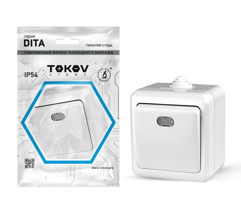 Выключатель 1-кл. ОП Dita IP54 10А 250В с индикацией бел. TOKOV LIGHT TKL-DT-V1I-C01-IP54