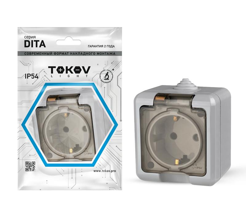 Розетка 1-м ОП Dita 16А IP54 250В с заземл. с прозрачн. крышкой сер. TOKOV LIGHT TKL-DT-R1Z-C06T-IP54