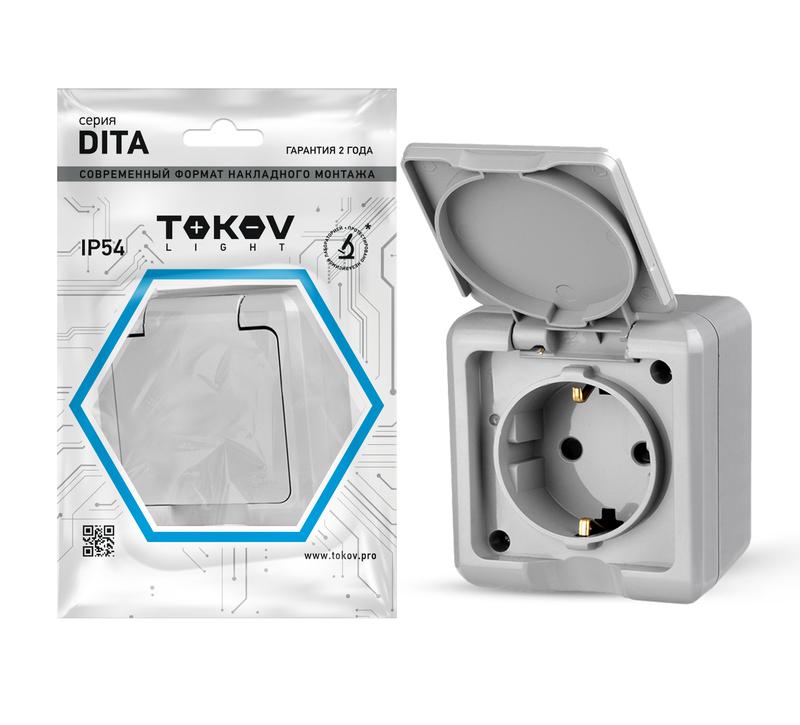 Розетка 1-м ОП Dita 16А IP54 250В с заземл. с крышкой сер. TOKOV LIGHT TKL-DT-R1Z-C06-IP54